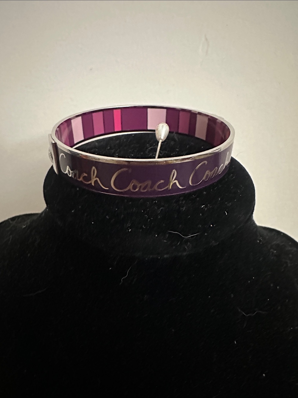 Vintage Y2K Coach Signature Script Enamel Bangle Bracelet Purple & Pink Stripes - Picture 7 of 11